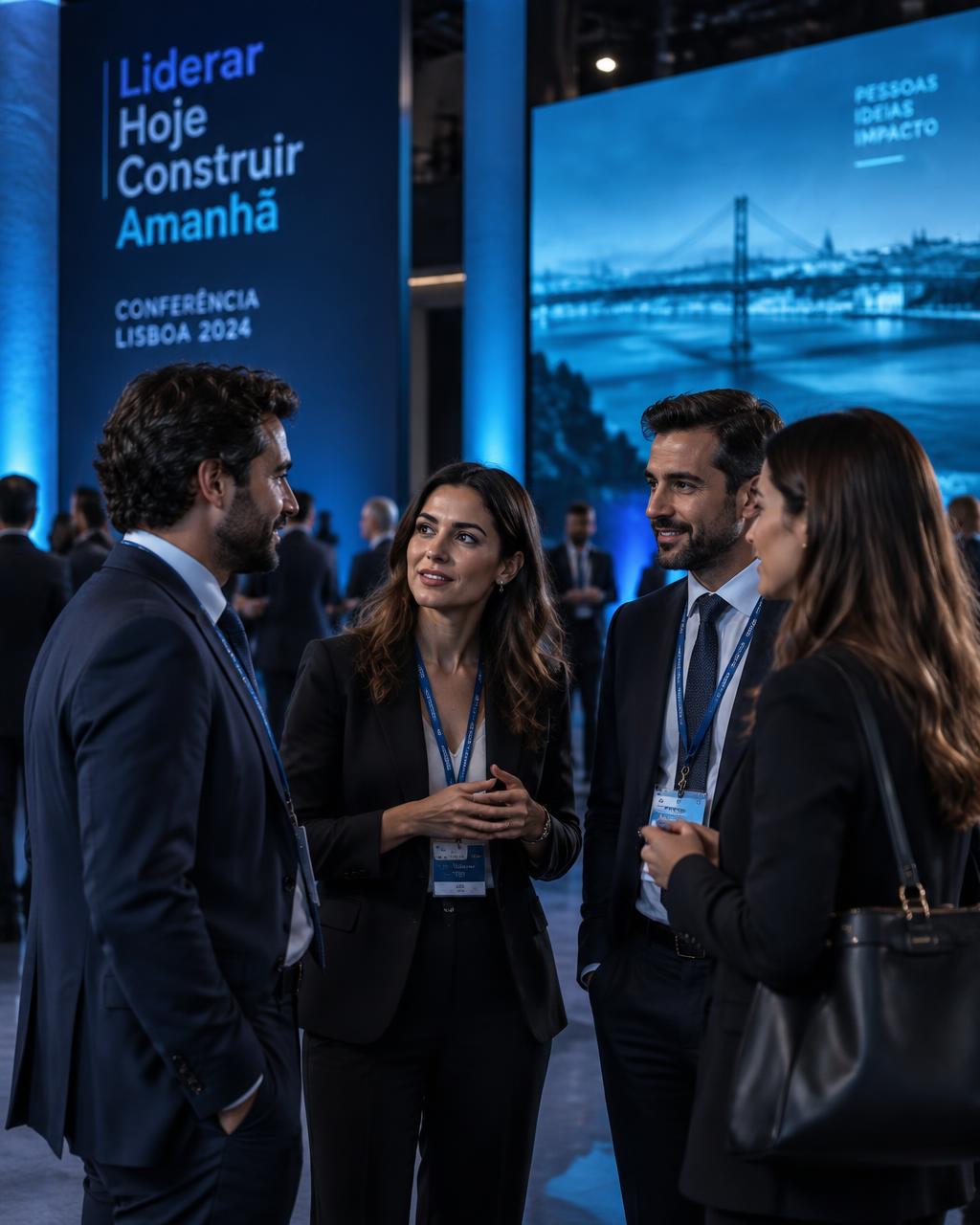 Profissionais em conversa num evento empresarial da comunidade M2UP